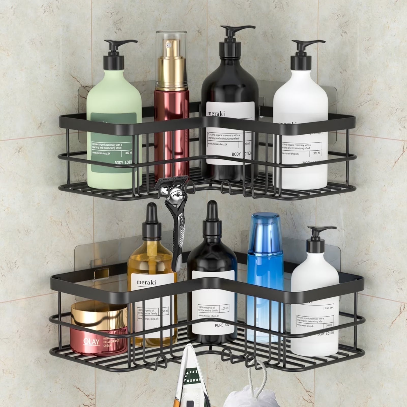 2-Shelf Shower Caddy Corner, No Drill Rustproof Stainless Steel Bathroom Shower Organizer Wall Mounted with 8 Hooks,Black