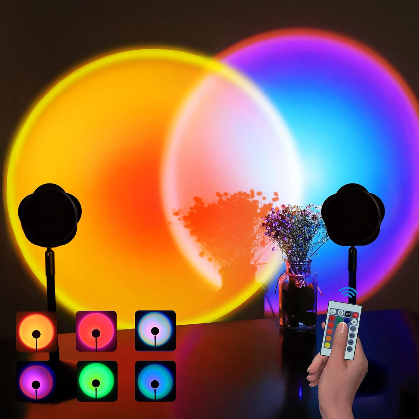 Sunset Lamp Remote Control Sunset Projection 16 Color Changing Sunset Light 180 Degree Rotation USB Sunset Glow Lamp Visual Romantic Ambient Night Lights for Photo Video Bedroom Home